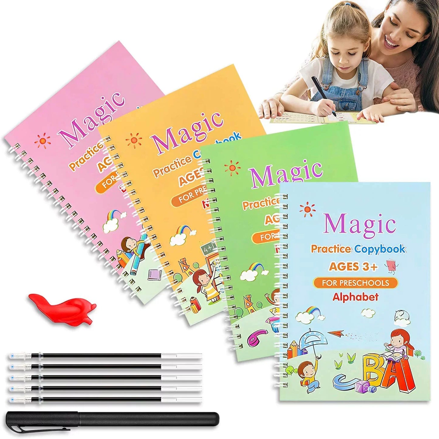 (Pack of 4) Magic Practice Copybook for Kids, Children Reusable Handwriting Practice Copy Books for Preschools Magic Workbook Letter Writing Book